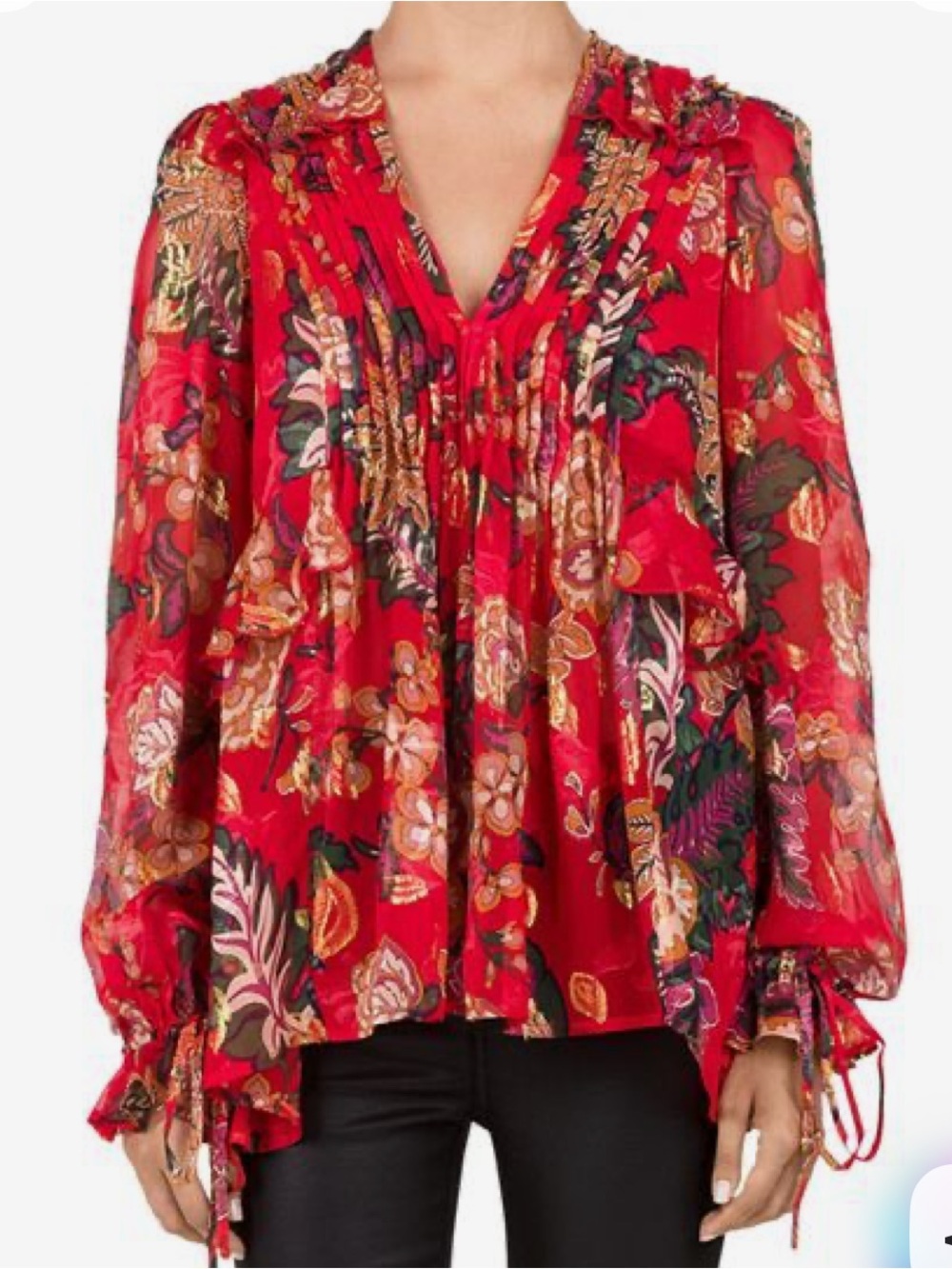 The Kooples Red Bollywood Metallic Gold Silk Floral Blouse Sheer Boho Top
